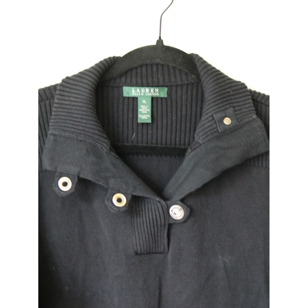 Lauren Ralph Lauren Black Cotton Mock Neck Button Sweater‎ XL Ribbed Knit - Picture 5 of 8
